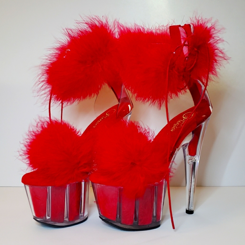 Red Faux Fur Pleasers Heels Size 6